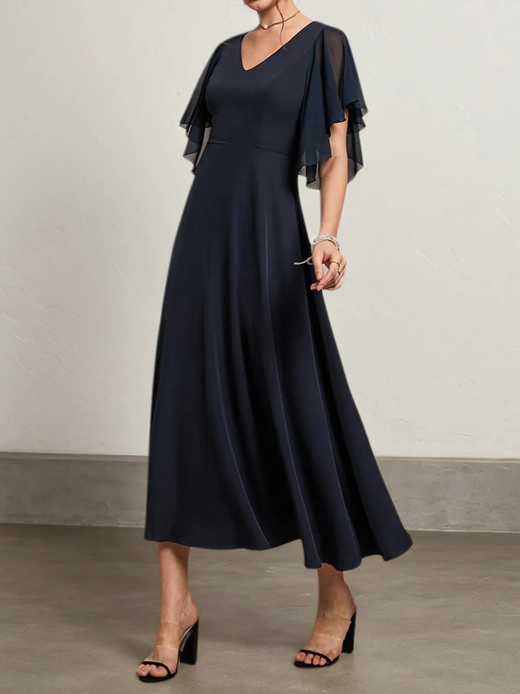 Purplish blue Chiffon V Neck Short Sleeve Bell Sleeve A-Line Midi Dress