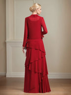 Chiffon-Kleid mit quadratischem Ausschnitt, ärmellos, bodenlang, plissiert, Brautmutterkleid mit Jacke