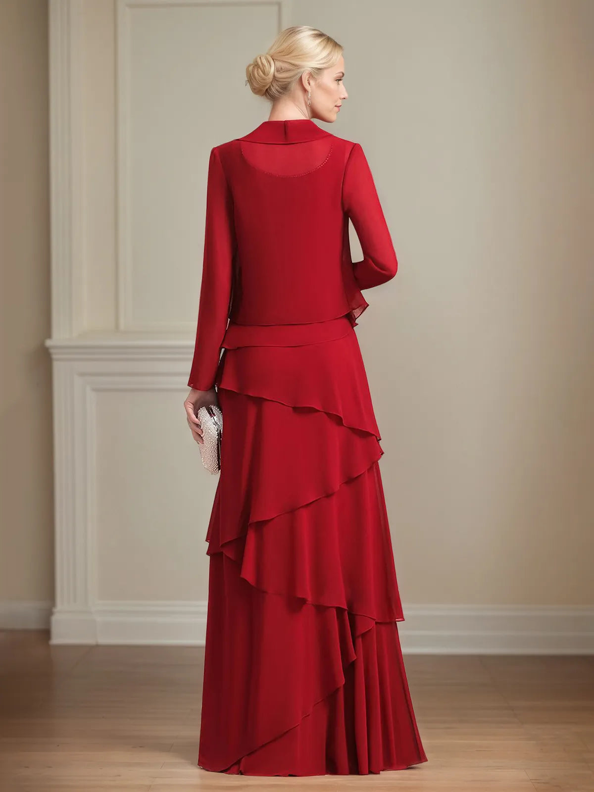 Robe de mère de la mariée en mousseline à col carré sans manches, longueur au sol plissée avec veste