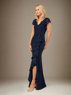 Sheath/Column V Neck Short Sleeve Floor Length Chiffon Dress With Cascading Ruffles