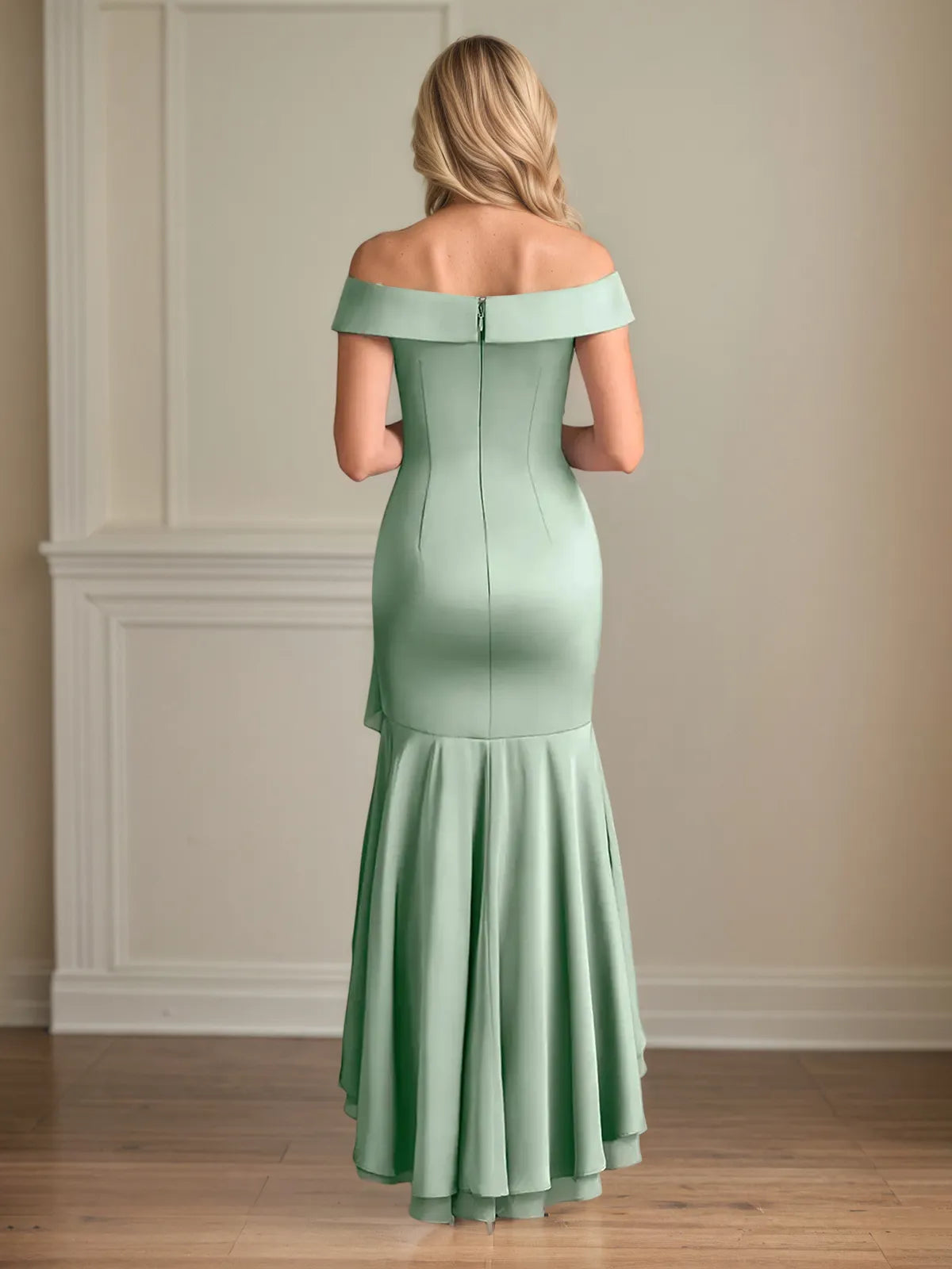 Schmaler Schnitt/Column Satin schulterfrei ärmellos asymmetrisches Kleid