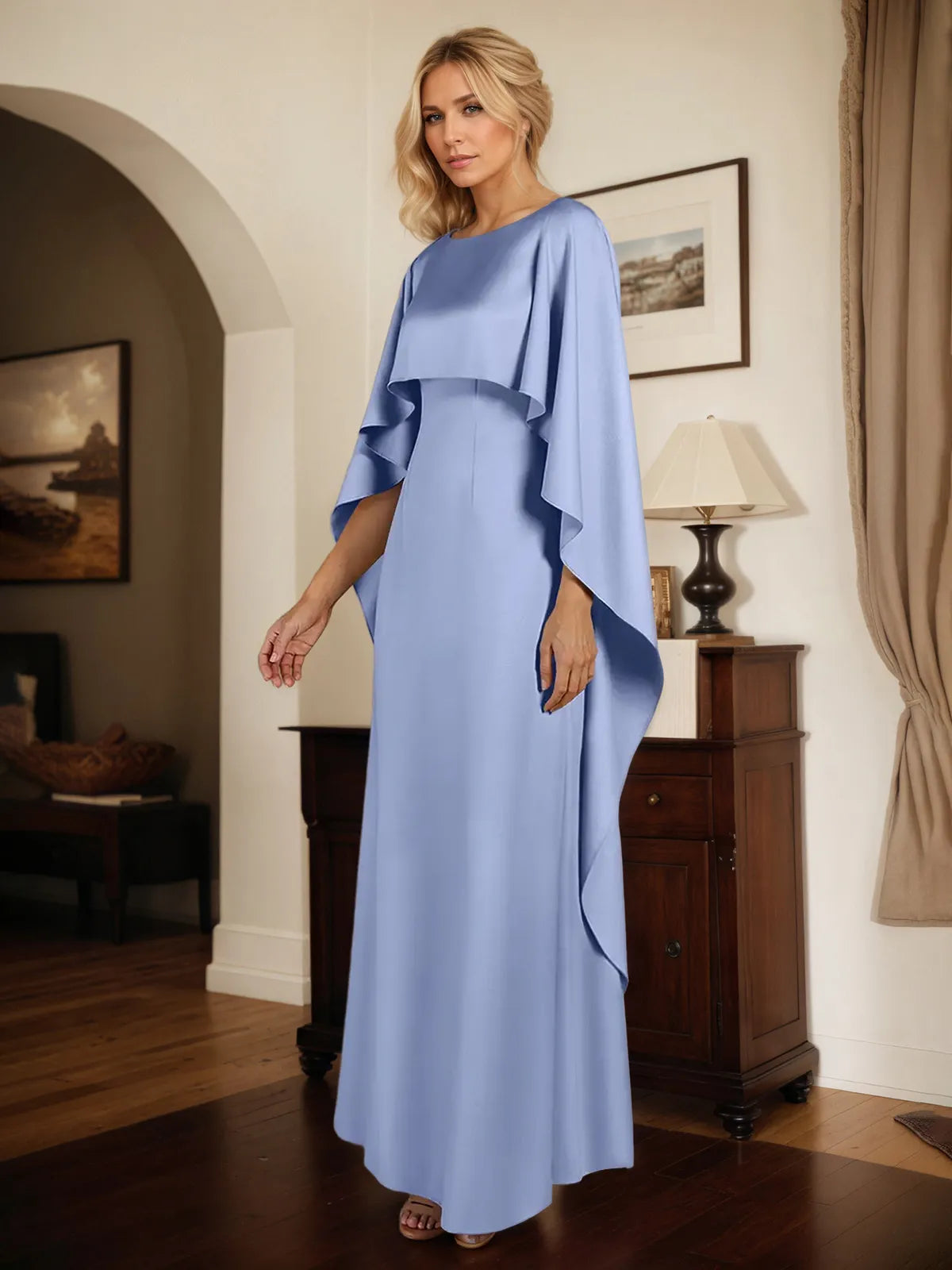 Etui/Säulen Stretch-Crêpe Bateau-Ausschnitt Cape-Ärmel bodenlanges Kleid