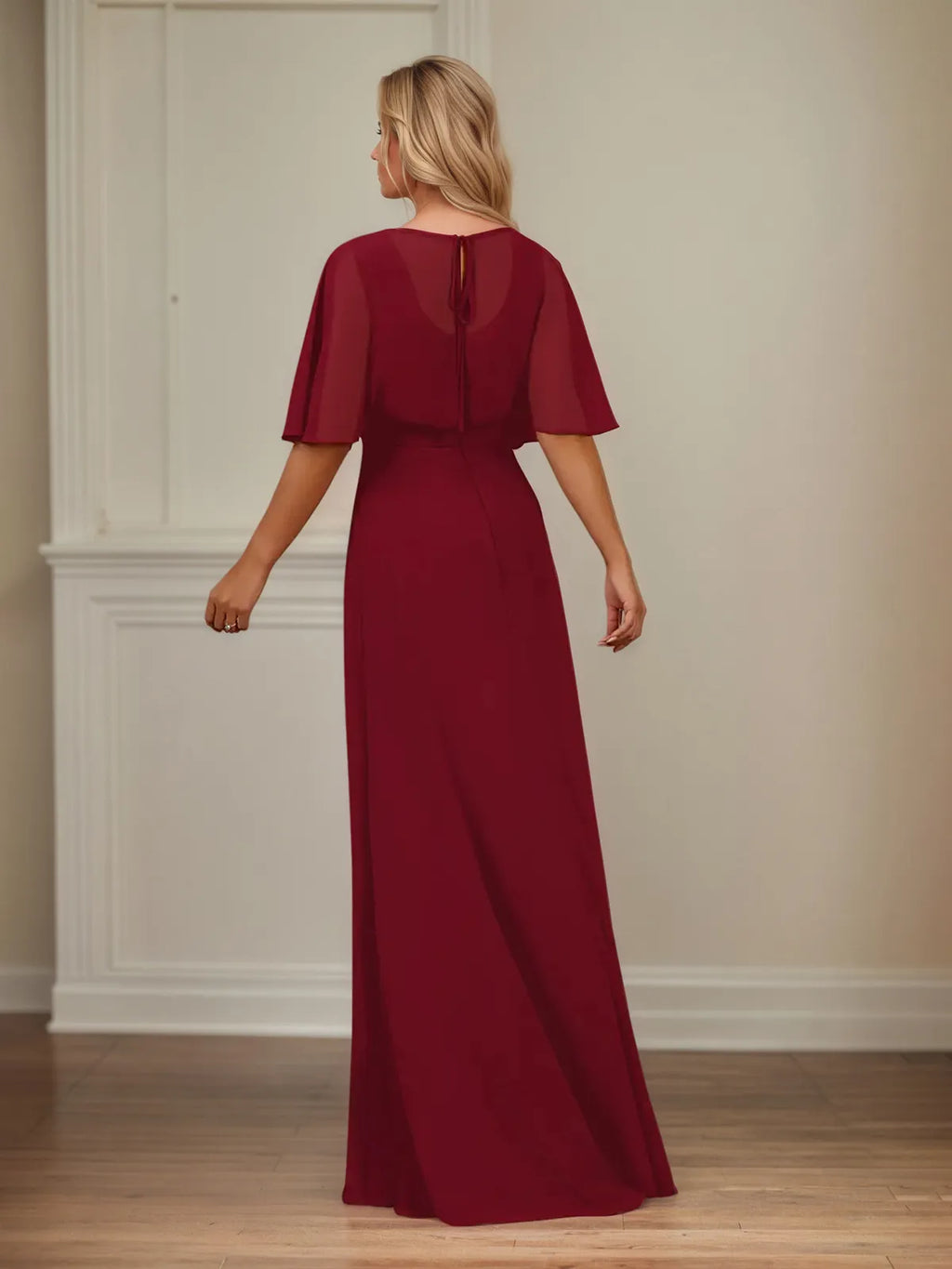 A-Linien Kleid mit V-Ausschnitt, halblangen Ärmeln, bodenlang aus Chiffon, Mutter-des-Braut-Kleid