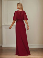 A-Linien Kleid mit V-Ausschnitt, halblangen Ärmeln, bodenlang aus Chiffon, Mutter-des-Braut-Kleid