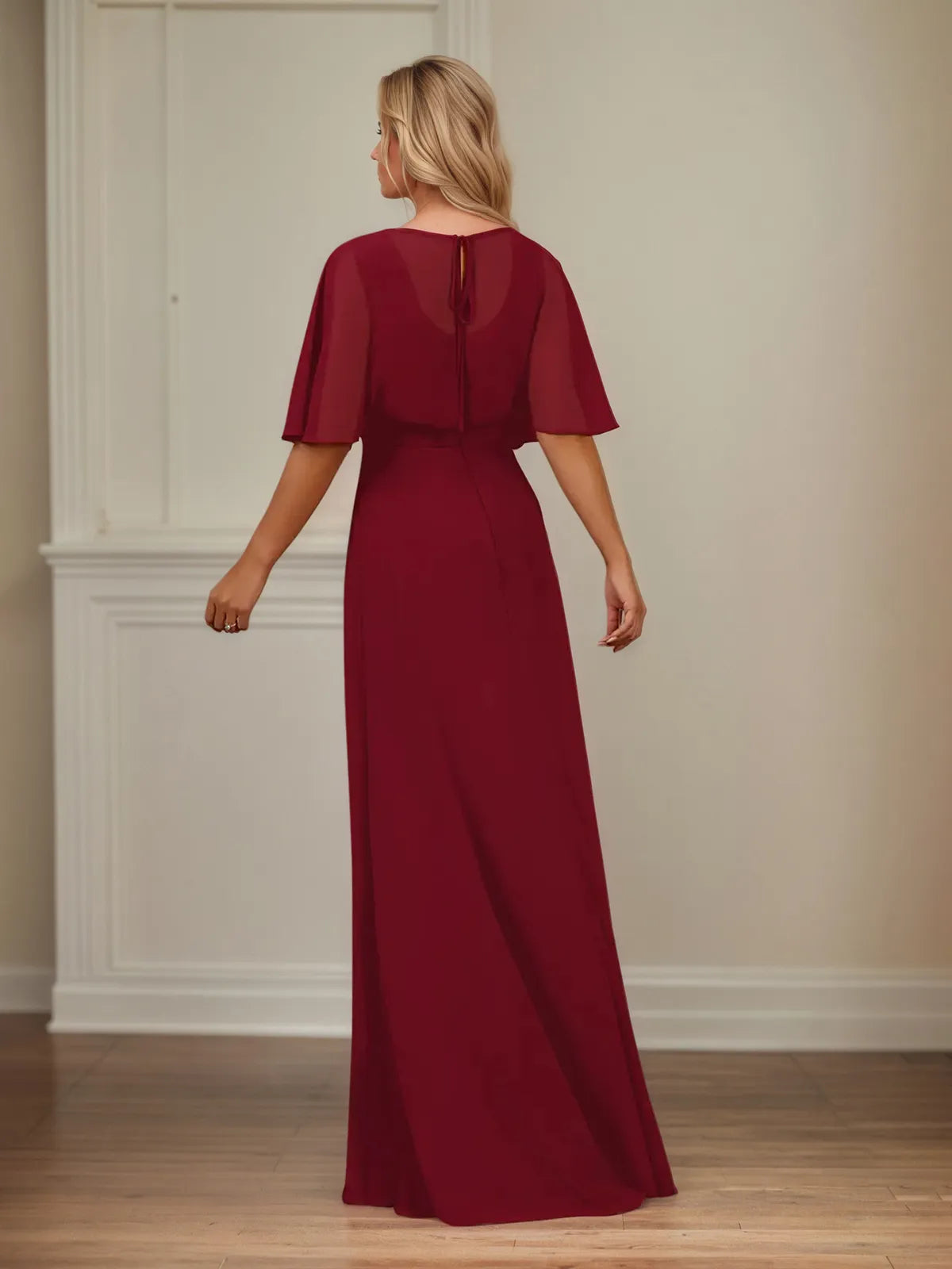 A-Linien Kleid mit V-Ausschnitt, halblangen Ärmeln, bodenlang aus Chiffon, Mutter-des-Braut-Kleid
