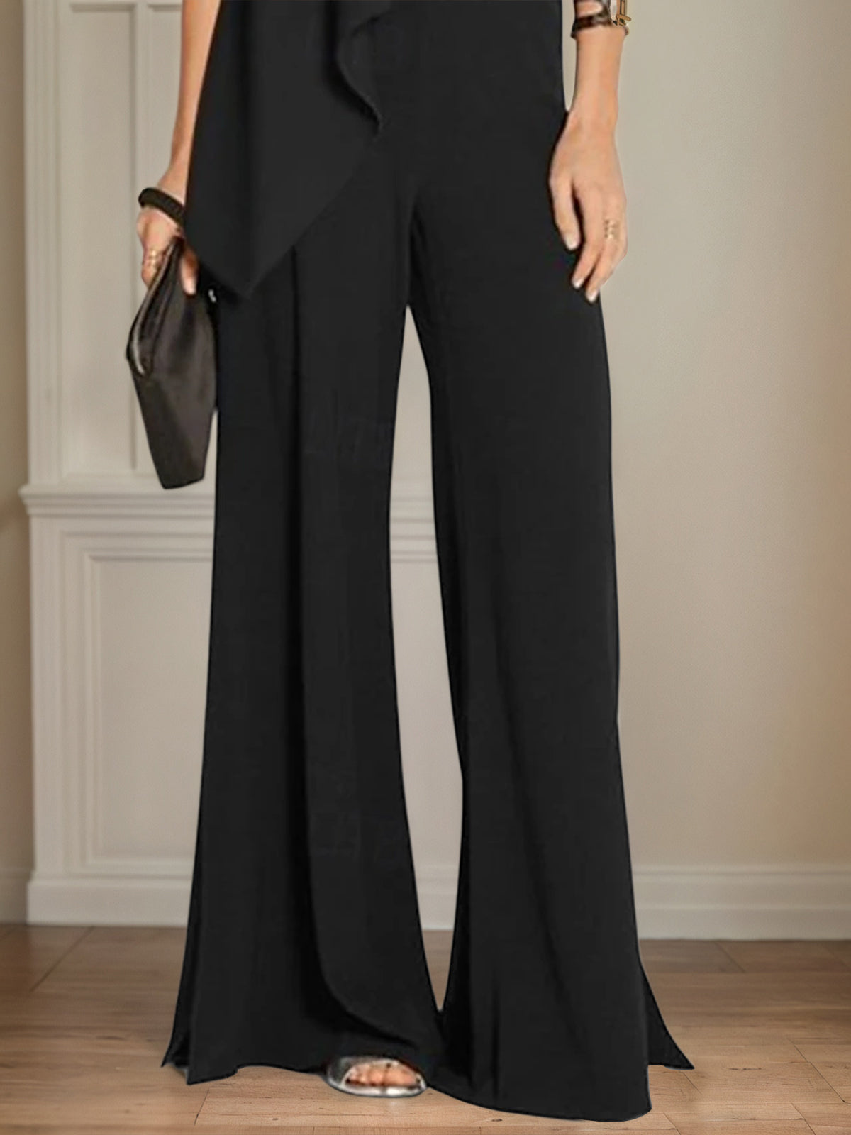Schwarzer Chiffon-Jumpsuit, asymmetrische kurze Ärmel, bodenlang, Brautmutterkleid