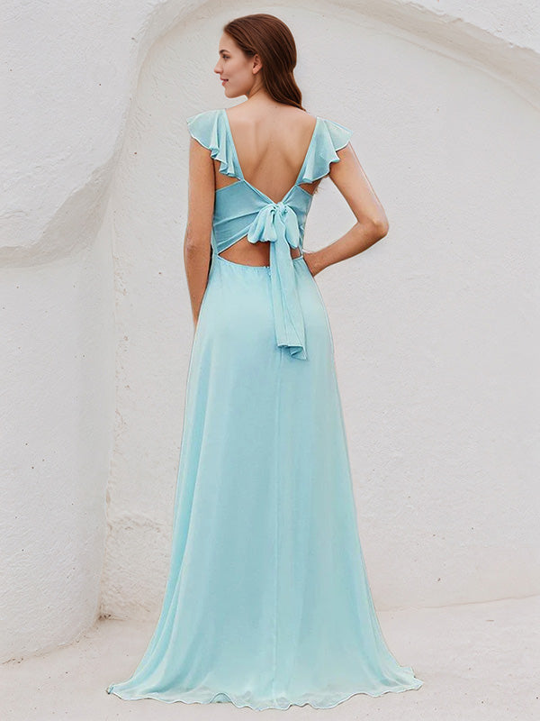 Vestido de dama de honor azul cielo de gasa en línea A con escote cuadrado, sin mangas y volantes, largo hasta el suelo