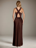 Robe de demoiselle d'honneur chocolat fourreau/colonne en satin sans manches longueur au sol col rond