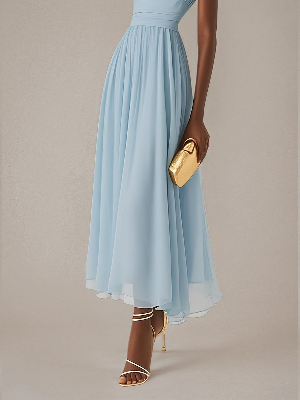 Vestidos azuis de chiffon corte evasê, um ombro, sem mangas e comprimento até o tornozelo