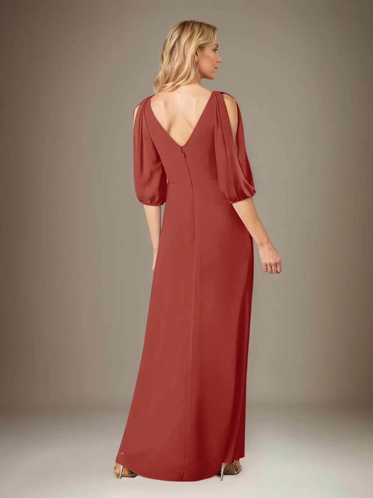 A Line Chiffon V Neck 1/2 Sleeves Floor Length Pleated Mother of the Bride Dresses