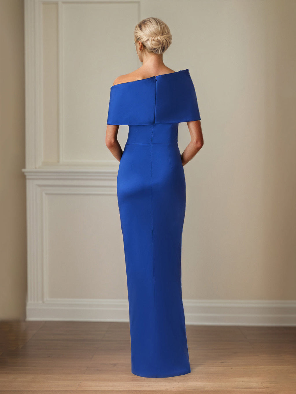 Königsblaues Satin-Etuikleid/Column-Kleid, schulterfrei, bodenlang, Mutter der Braut