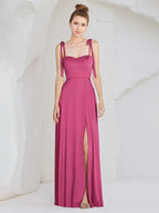 A Line Satin Spaghetti Straps Sleeveless Floor Length Bridesmaid Dress