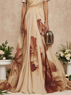 Beige Floral Chiffon V Neck Short Sleeve A-Line Gown Dress