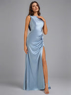 Dusty Blue Sheath/Column Scoop Neck Floor-Length Satin Bridesmaid Dress
