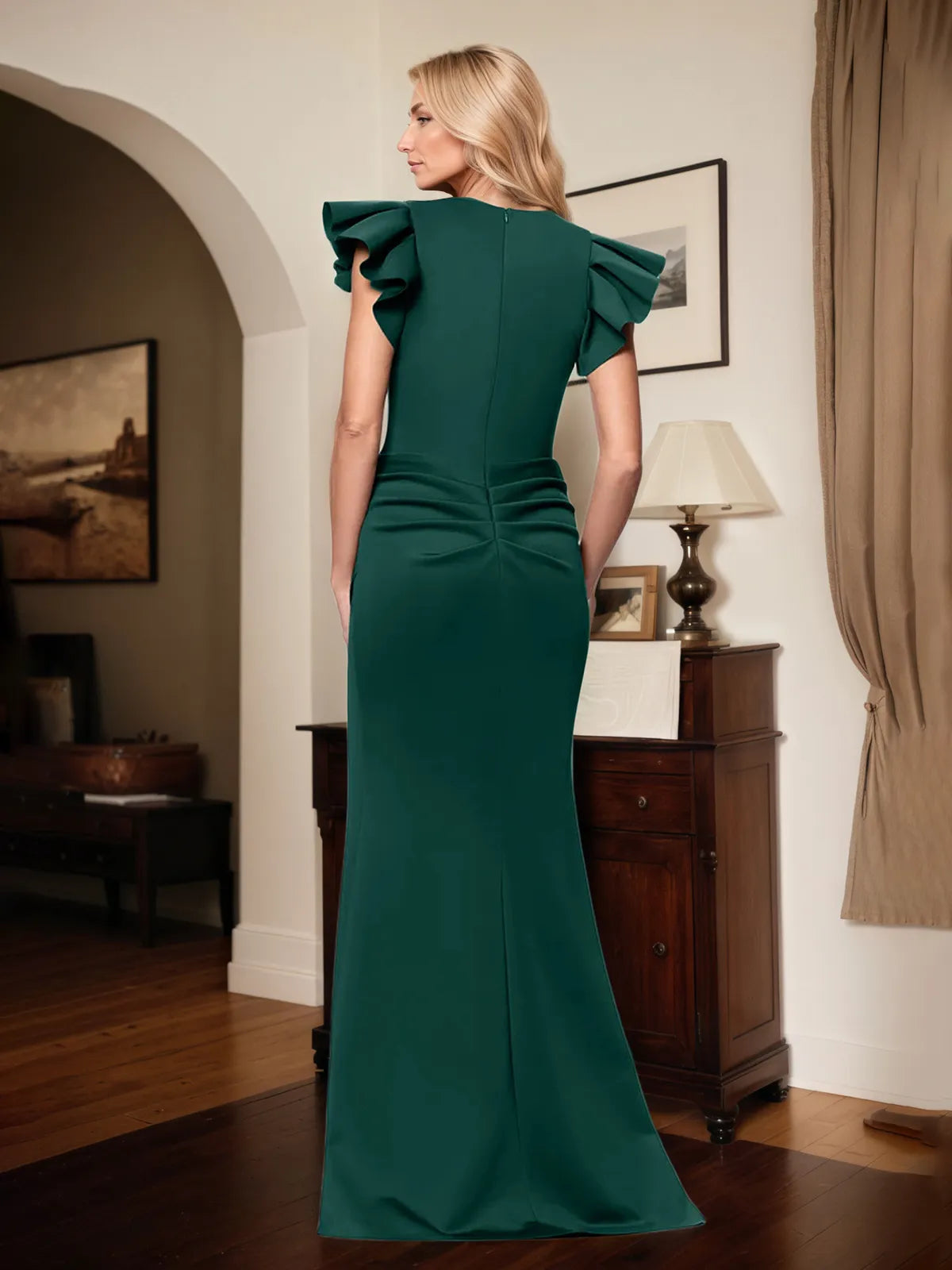 Trumpet/Meerjungfrau V-Ausschnitt Kurzarm Bodenlanges Stretch-Crêpe Kleid für die Brautmutter mit Rüschen