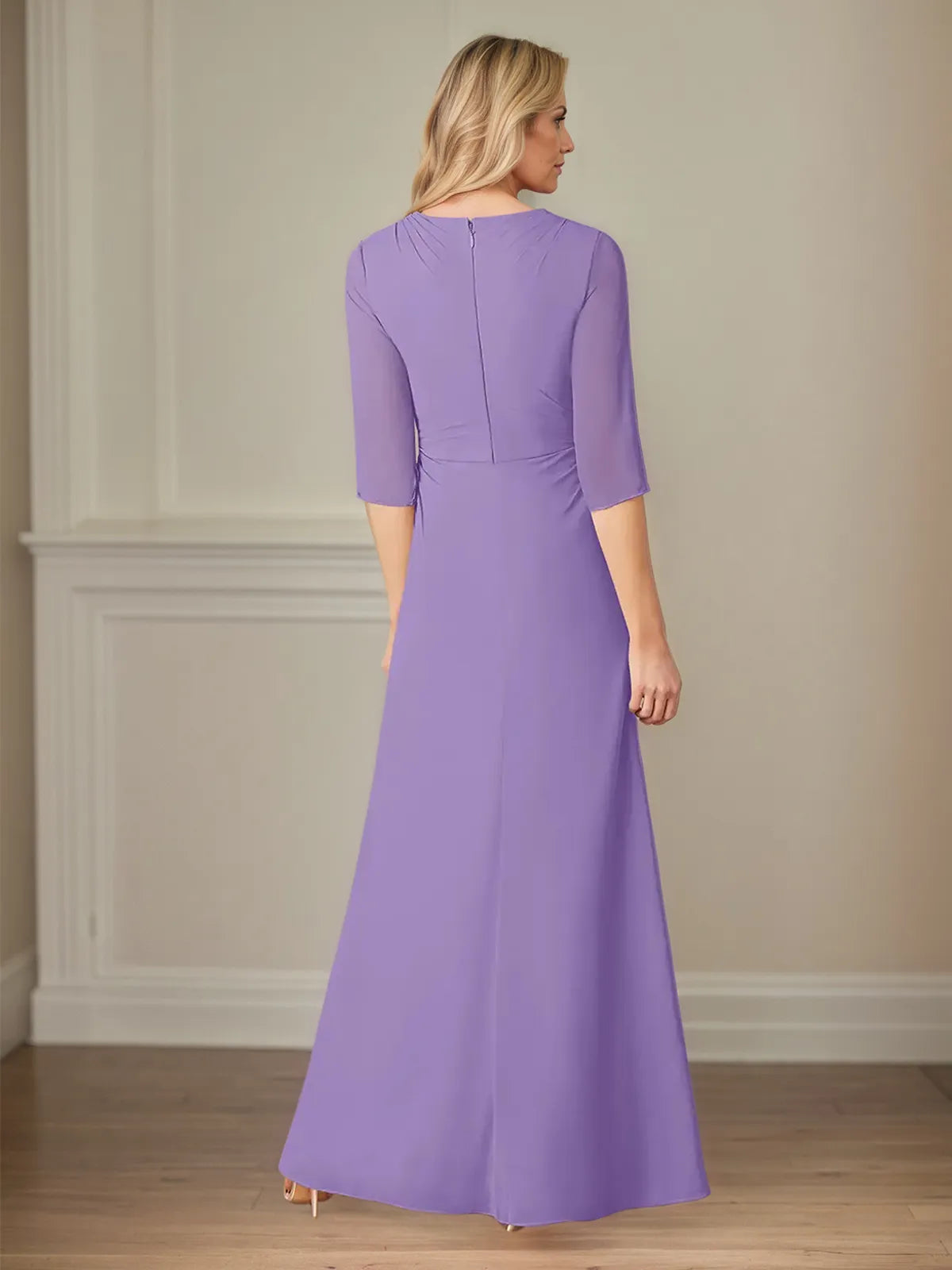 A Line Chiffon V Neck 3/4 Sleeves Floor Length Dress