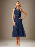 Robe fourreau/colonne en dentelle, col en U, sans manches, longueur thé
