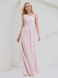 Pink Chiffon A Line One Shoulder Sleeveless Floor Length Bridesmaid Dress