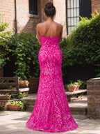 Robe de soirée élégante fuchsia bustier à sequins avec fente haute