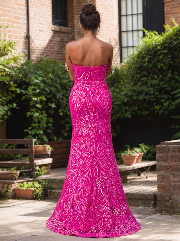 Robe de soirée élégante fuchsia bustier à sequins avec fente haute