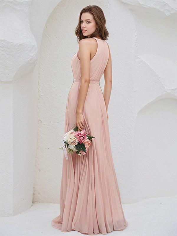 Abito lungo da damigella in chiffon rosa cipria a linea ad A con scollo all'americana e senza maniche