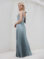 A Line Dusty Blue Satin Square Neck Sleeveless Floor Length Dress With Bow