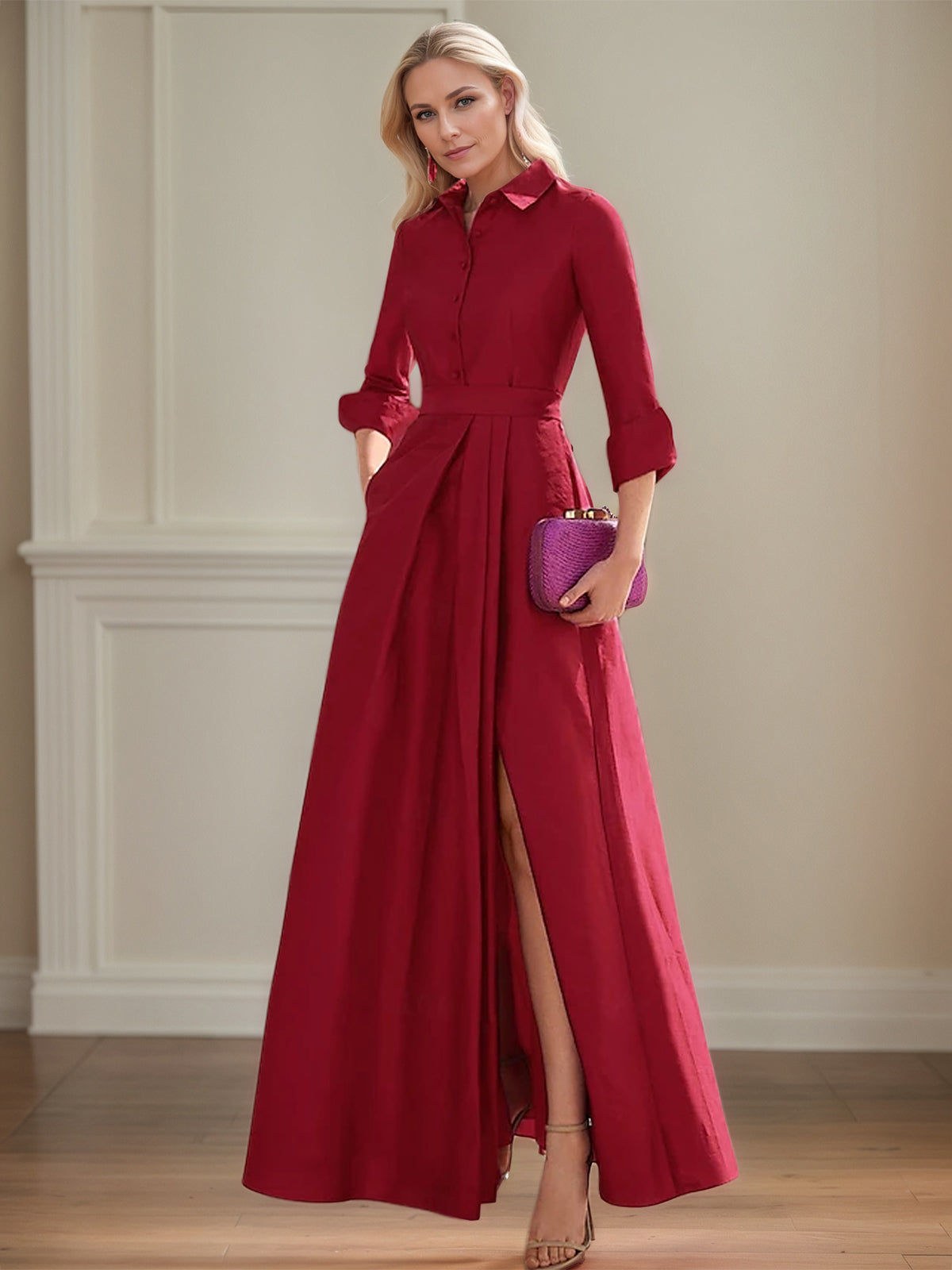 A Line High Neck 3/4 Sleeves Floor Length Mother of the Bride Dresses