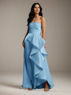 Mint Blue Satin A Line Off The Shoulder Sleeveless Floor Length Bridesmaid Dress With Ruffles