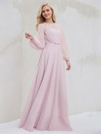Candy Pink A Line Round Neck Long Sleeves Floor Length Chiffon Bridesmaid Dress