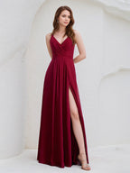 Burgundy A-Line V-Neck Floor-Length Chiffon Bridesmaid Dress