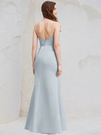 Ice Blue Satin A Line Spaghetti Straps Sleeveless Floor Length Bridesmaid Dress