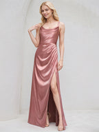Mauve Satin A Line Spaghetti Straps Sleeveless Floor Length Bridesmaid Dress