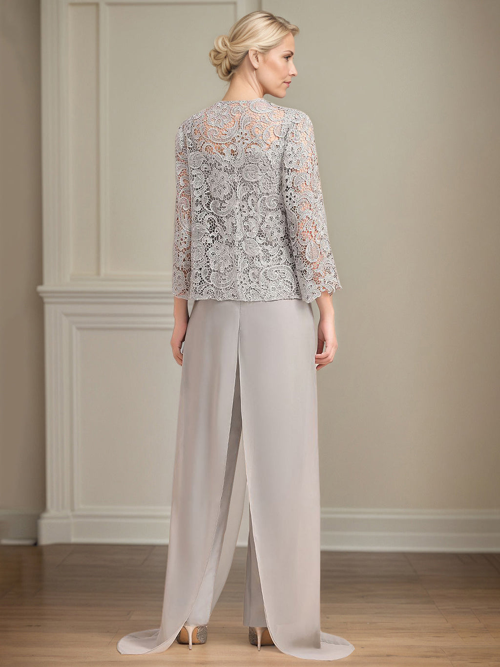 Conjunto Calça para Mãe da Noiva de Chiffon, Decote Quadrado, Sem Mangas e Comprimento Longo com Pregas