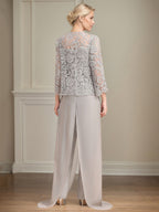 Conjunto Calça para Mãe da Noiva de Chiffon, Decote Quadrado, Sem Mangas e Comprimento Longo com Pregas