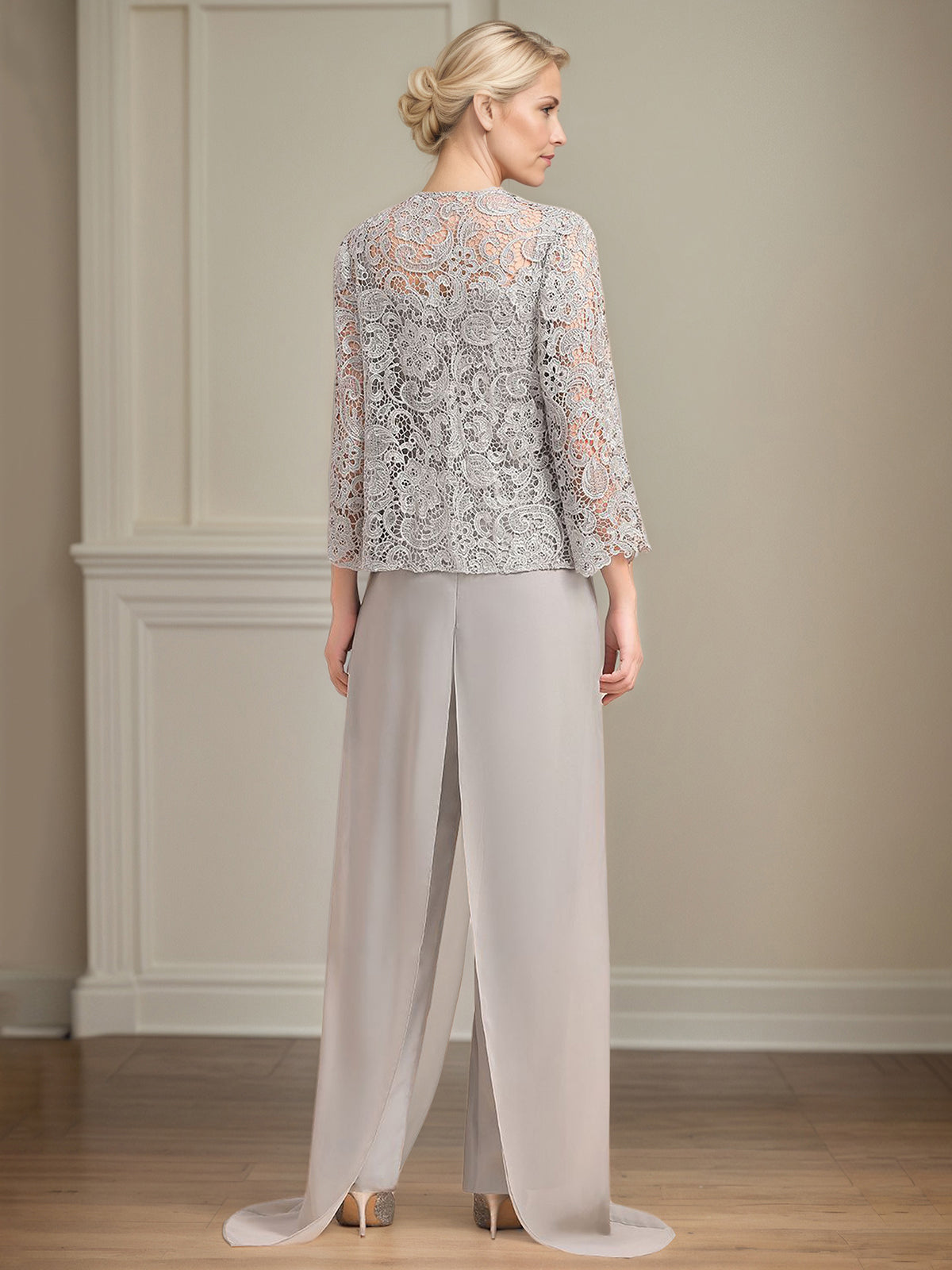 Conjunto Calça para Mãe da Noiva de Chiffon, Decote Quadrado, Sem Mangas e Comprimento Longo com Pregas