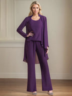 Tailleur pantalone da madre della sposa in chiffon con scollo a U, maniche lunghe e lunghezza fino a terra