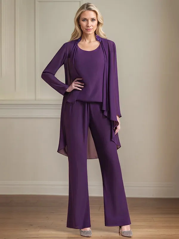 Tailleur pantalone da madre della sposa in chiffon con scollo a U, maniche lunghe e lunghezza fino a terra