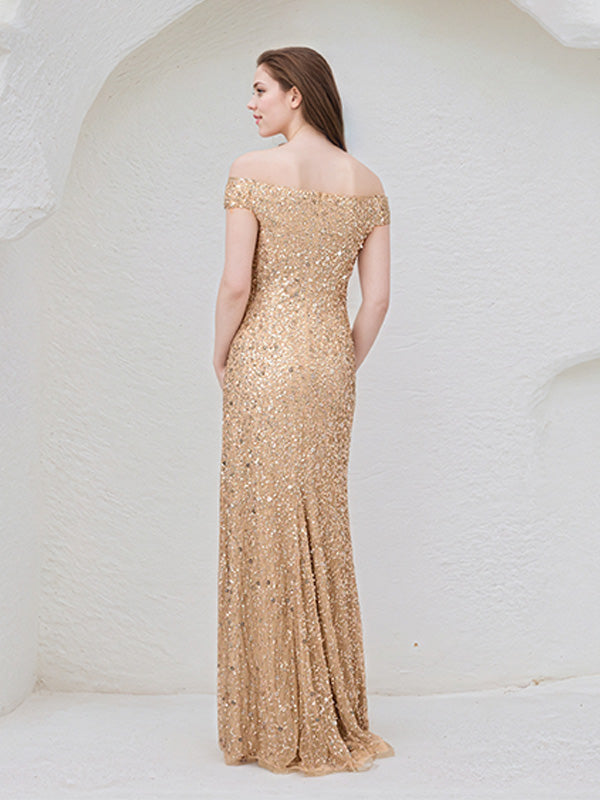Champagne Chiffon Off the Shoulder Sleeveless Floor Length Dress With Sequins