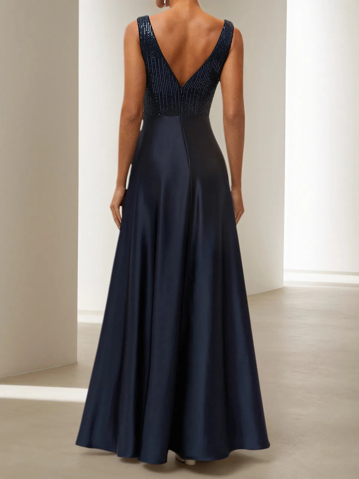 Purplish Blue Sequin A-Line Gown Satin Dress