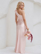Blushing Pink Satin Sheath/Column One Shoulder Floor Length Bridesmaid Dress