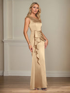 Robes longues champagne en satin pour mère de la mariée, coupe droite/colonne, une épaule, sans manches