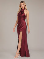 Burgundy Sheath/Column Halter Floor-Length Satin Bridesmaid Dress With Ruched