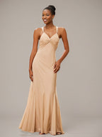 Champagne Trumpet/Mermaid Chiffon V Neck Sleeveless Floor-Length Bridesmaid Dresses