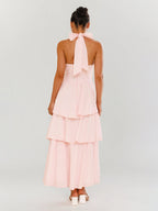 Pink Chiffon A Line Halter Neck Sleeveless Ankle Length Bridesmaid Dresses