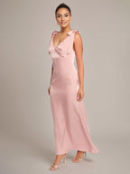 Pink Satin A Line V Neck Sleeveless Floor Length Bridesmaid Dress With Bow