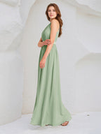 Sage Chiffon A Line Halter Neck Sleeveless Floor Length Bridesmaid Dress