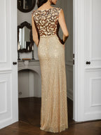 Vestido de gala línea A color champán dorado con lentejuelas