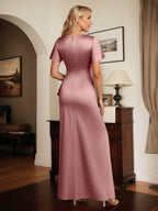 Satin Etuikleid/Säulenkleid mit V-Ausschnitt, kurzen Ärmeln, bodenlang