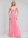 Peony Satin A Line Spaghetti Straps Sleeveless Floor Length Bridesmaid Dress