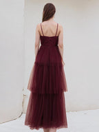 A Line Burgundy Tulle Spaghetti Straps Sleeveless Floor Length Dress